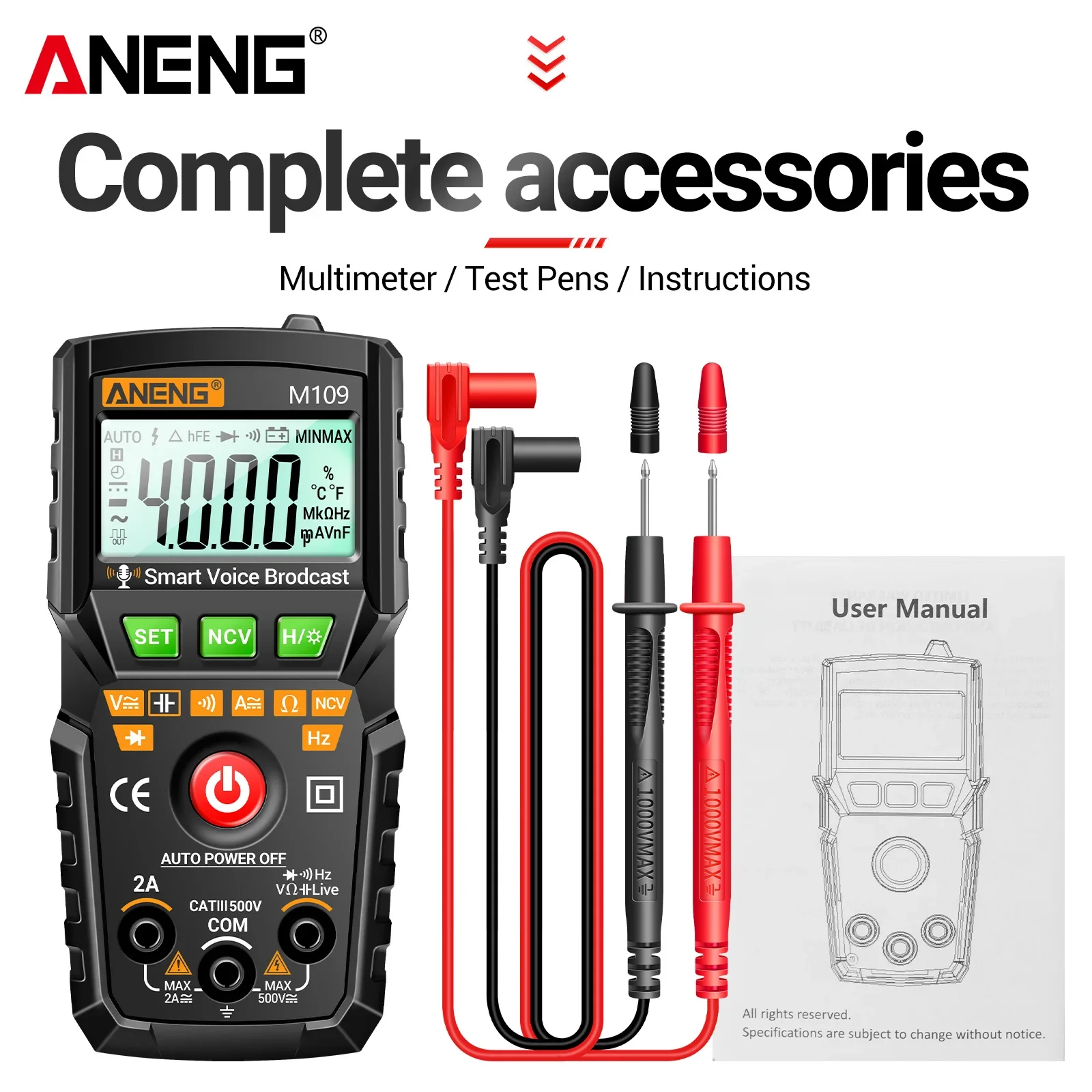 ANENG M109 Automatic Multimeter Voice Broadcast 4000 Counts 500V AC/DC 2A NCV Capacitance Hz Tester with Flashlight Data Hold
