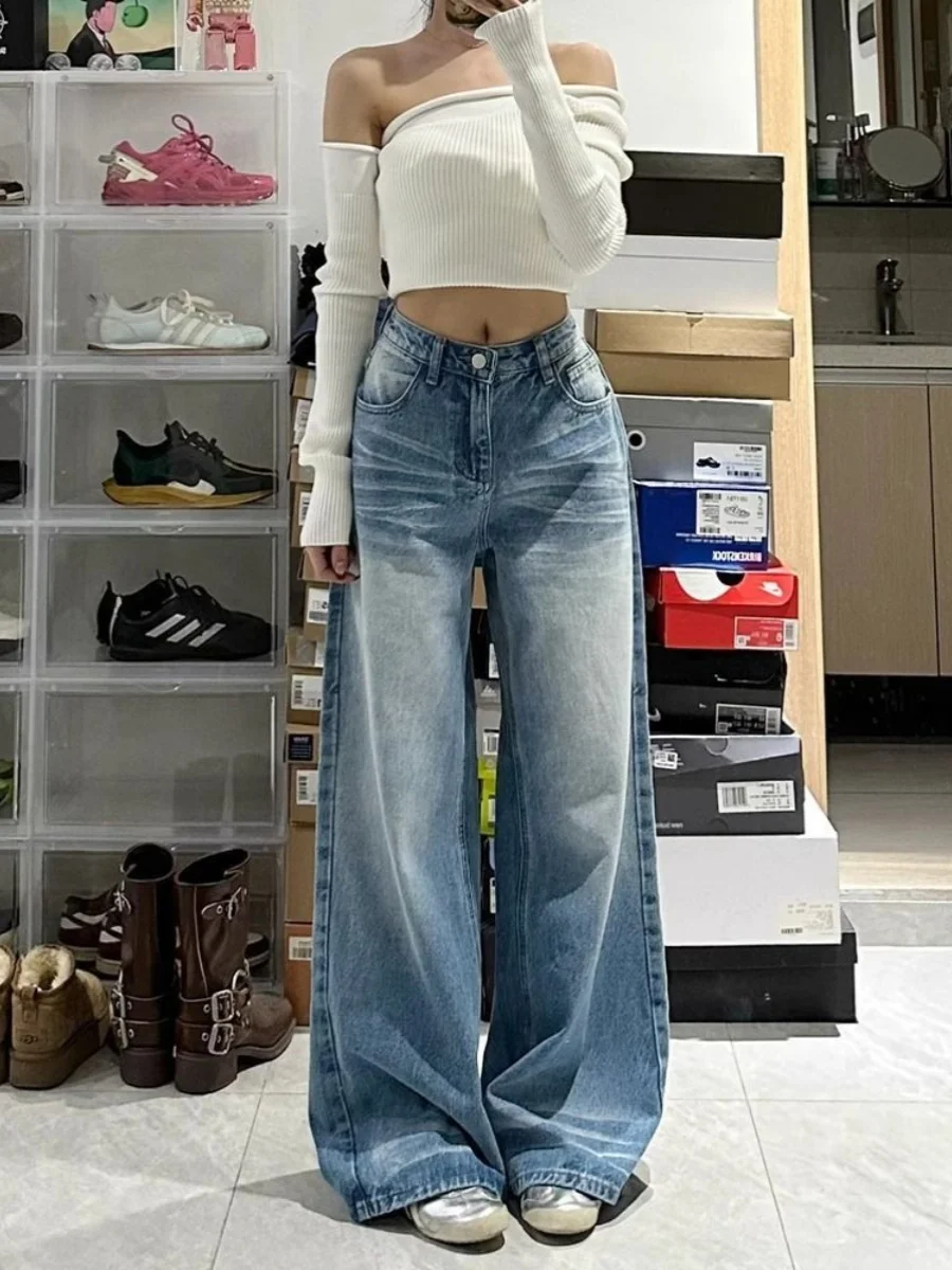 High Waist Wide Leg Straight Cut Jeans Women's Autumn Small Size Retro Washed Slimming Floor-Length Pants Casual Denim