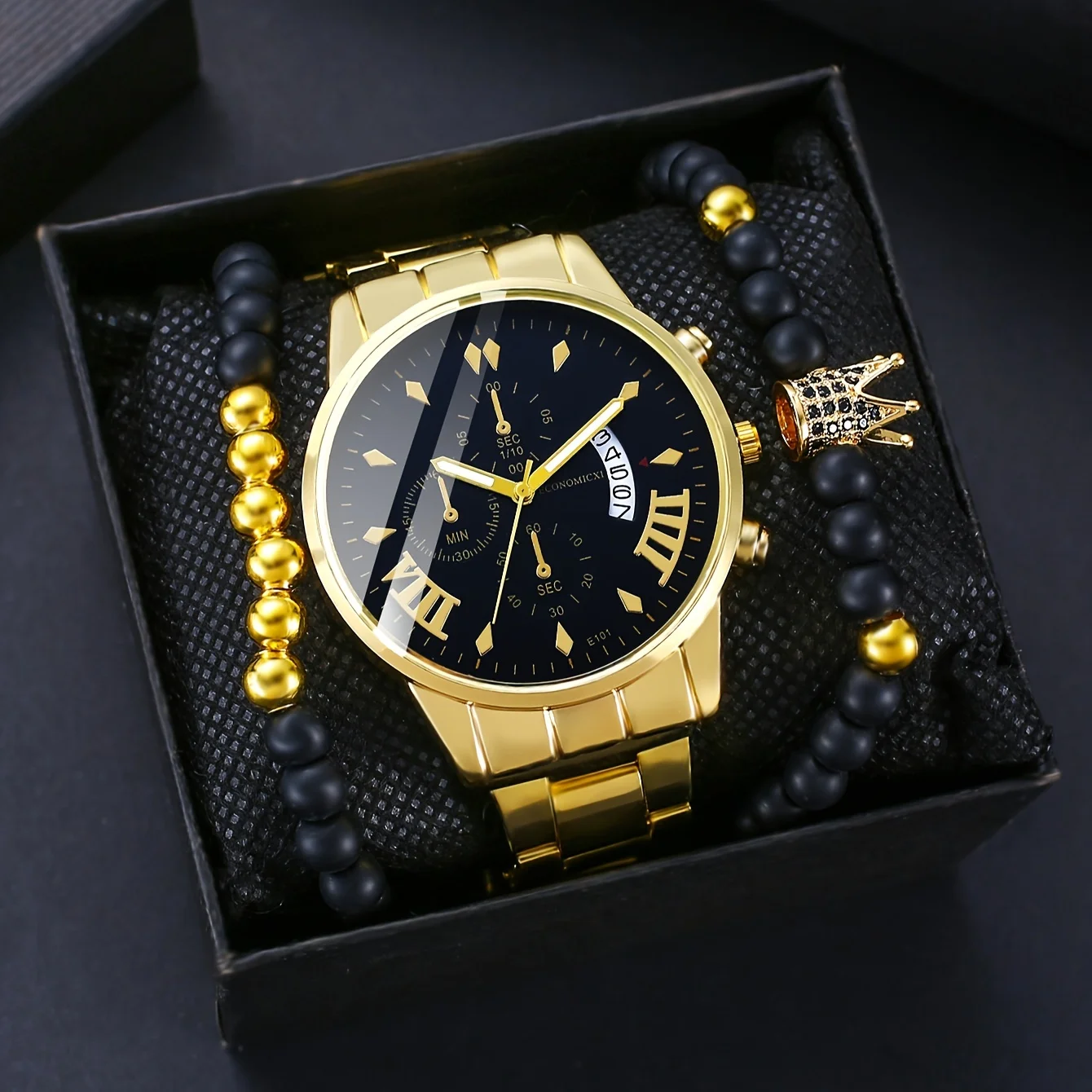 Montre à quartz avec calendrier analogique pour homme, bracelet en acier, bracelets couronne, mode d'affaires, ensemble de 1 à 3 pièces