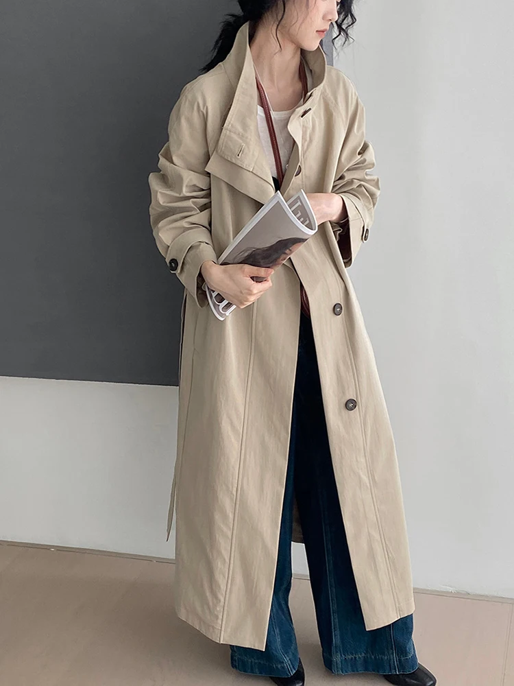 LANMREM Temperament Mid Length Trench Women's Lapel Single Breasted Solid Color Belt Gathered Waist Coats 2024 Autumn New 2Z2920