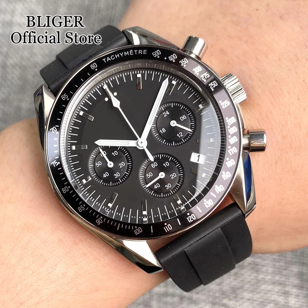 Sport 40mm Chronograph Multifunction Quartz Watch Men VK63 Movement Black White Dial Stainless Steel Strap Montre homme