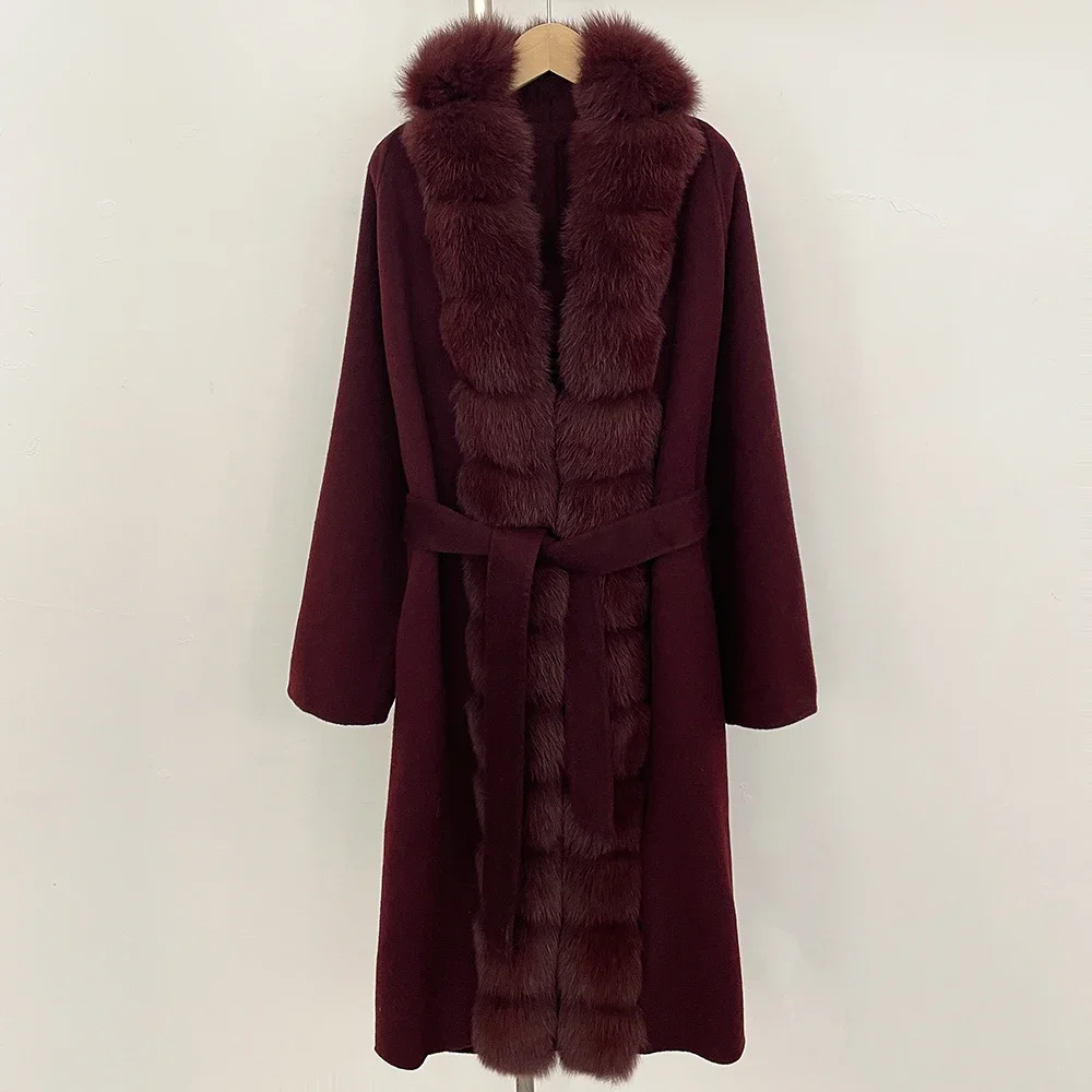 OFTBUY 모피 코트 천연 여우털 칼라 울 모피 코트 럭셔리 고급 여성용 롱 모피 코트 여성 2025 울 혼방 코트