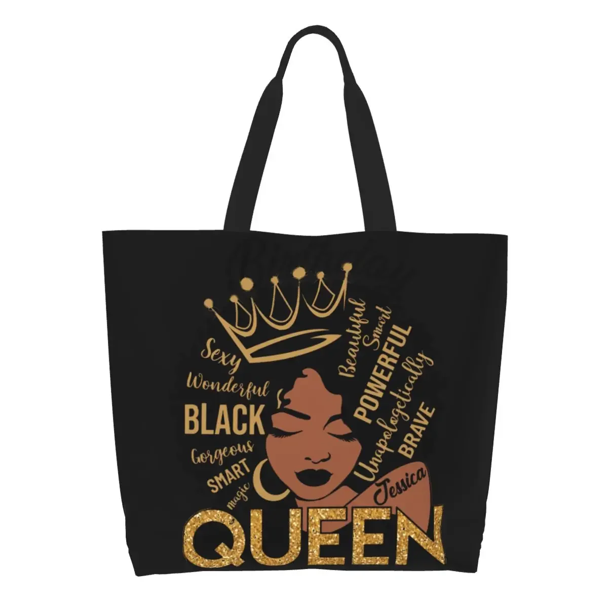 Cute Birthday Queen Black Women Shopping Tote Bags Reusable Grocery Canvas Shopper Shoulder Bag