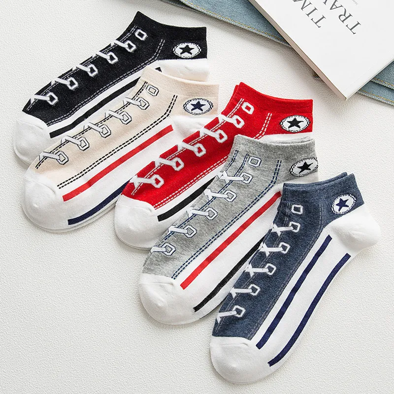 Women Short Ankle Socks Men Autumn Spring Breathable Casual Fashion Leisure Sport Star Shoelace Stripe Print Brethable Boat Sock