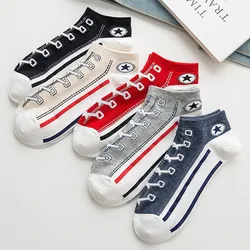 Women Short Ankle Socks Men Autumn Spring Breathable Casual Fashion Leisure Sport Star Shoelace Stripe Print Brethable Boat Sock