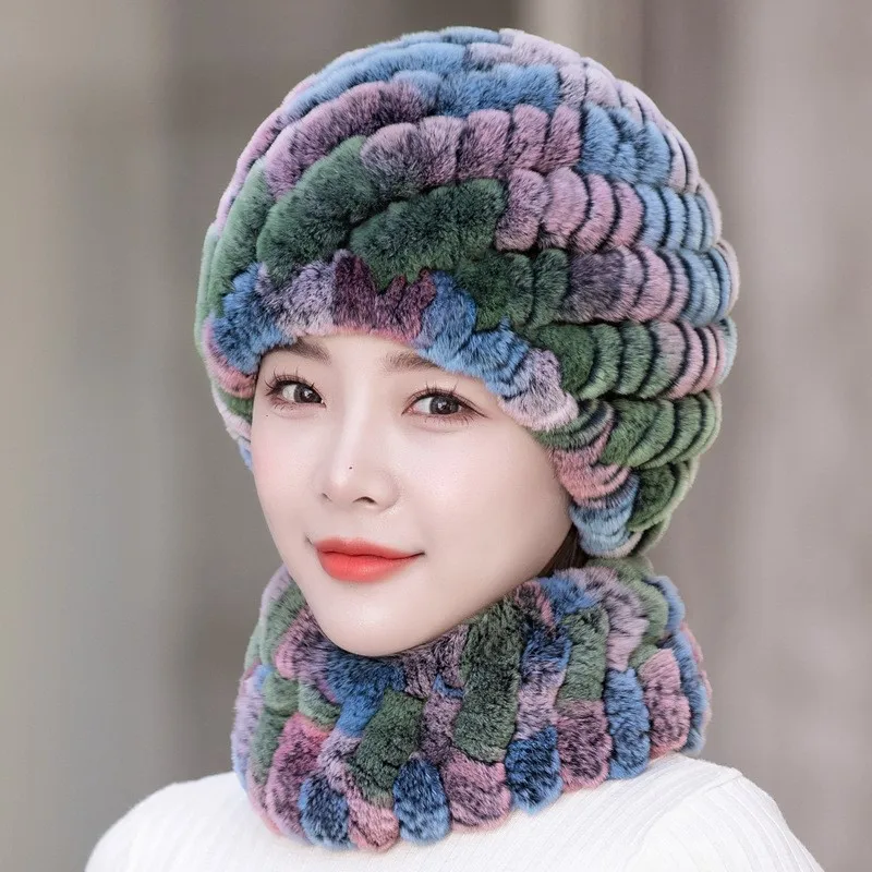Fur hat woolen woven net real warm and fashionable women's scarf set