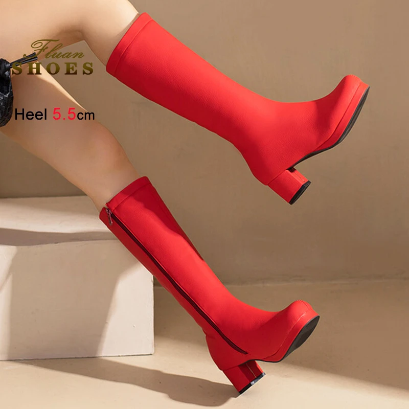 

Красные сапоги до колена с круглым носком для женщин, осенне-зимняя модная обувь на массивном высоком каблуке 5,5 см, классические женские уличные длинные сапоги
