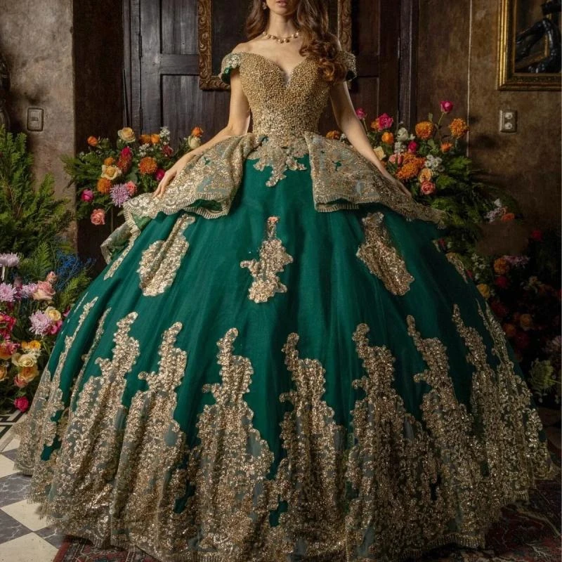 Teal Blue Charro Quinceanera Dresses Ball Gown Off The Shoulder Tulle Appliques Pearls Mexican Sweet 16 Dresses 15 Anos