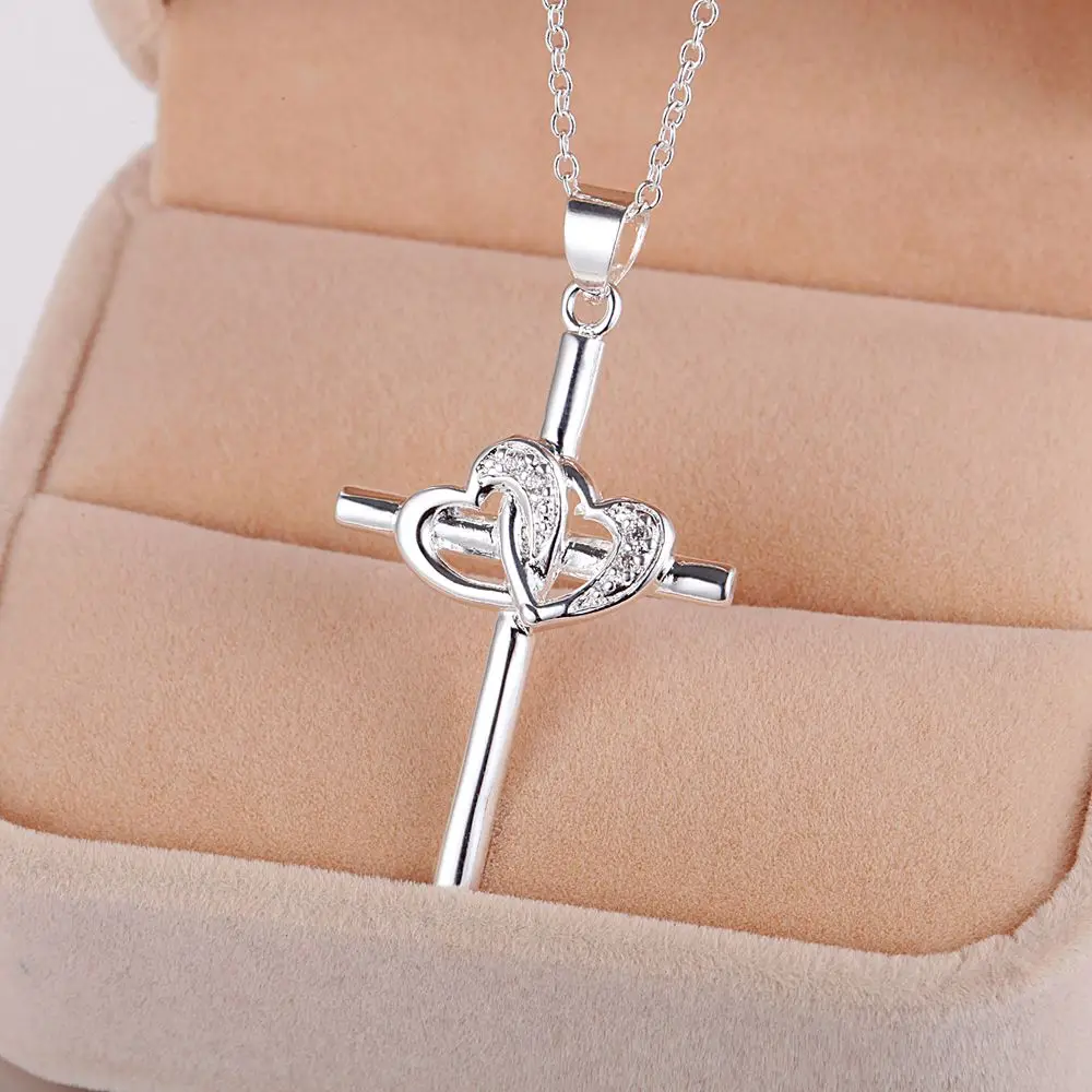 Glänzende Kristall-elegante Herz-Kreuz-Anhänger-Silber-Farben-Halskette, 45,7 cm, für Frauen, hochwertiger Modeschmuck, Weihnachtsgeschenk