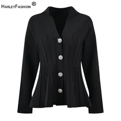 Black & White Single Breasted V-neck Women Knitting Heavy Pleated Hem Knitting Stretchy Cardigans Sweaters