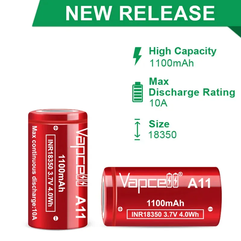 Original Vapcell INR 18350 Battery Max 1600mAh Capacity 10A 3.7V F16 H16 A11 M11 High Drain Lithium ion Batteries For Flashlight