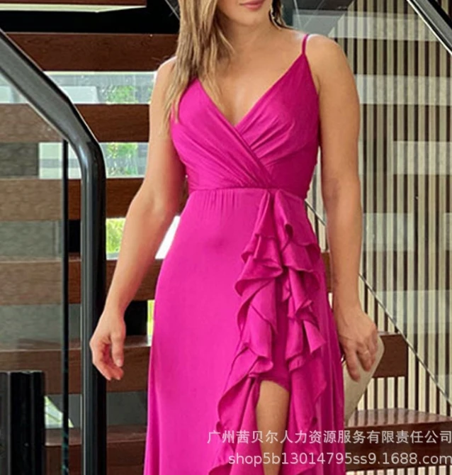 Women's Commuting Dress 2024 Spring Summer Latest Rose U-Shaped Collar Irregular Ruffle Edge Sling with Side Split Long Skirt