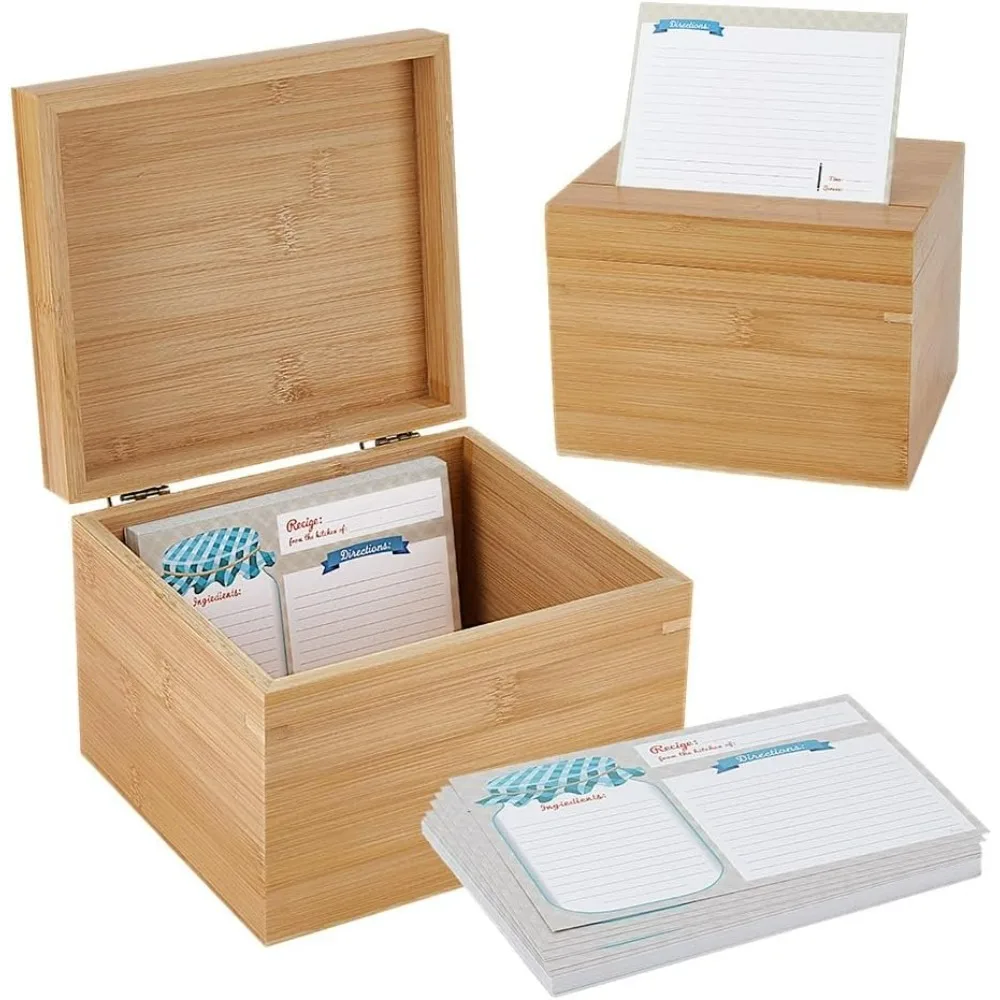 Wooden Recipe Box Recipe Card Holder Box with 50 pcs Blank Recipe Cards Flip Cover Wooden Box for Home Kitchen Storage