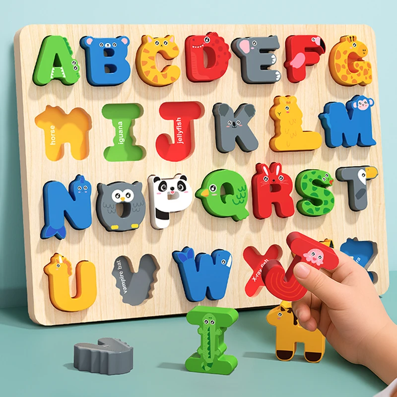 Baby Wooden Puzzles Montessori Toy 1 2 3 Years Early Education Cartoon Puzzle Board Toy Alphabet Number Cognition Learning Toys