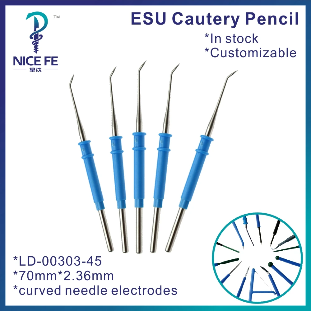 10pcs ESU cautery pencil  Electrocoagulator Electrosurgical C/needle electrode 70mm*2.36mm,Curved 45°needle Surgical