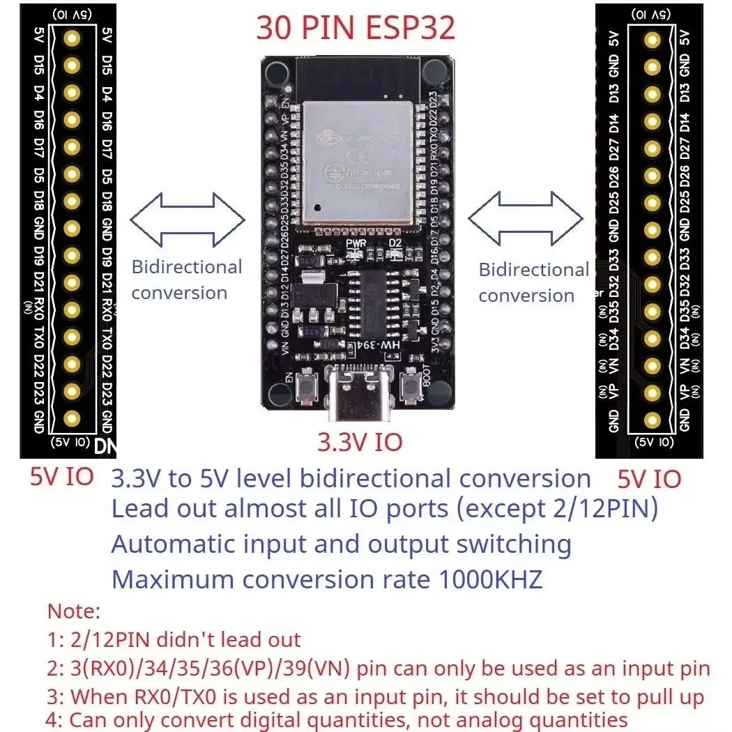 ESP32 30P DIN Rail Adapter, 3.3V to 5V Bidirectional Logic Level Shifter for Industrial PLC, 1MHz High Speed Level Converter - view 6