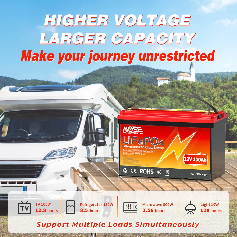 MOSEWORTH LiFePO4 12V 100Ah Akku 12,8V Lithiumbatterie 8000+ Zyklen mit Bluetooth BMS Klasse A für Boot-Wohnmobil-Camper – Detail 9