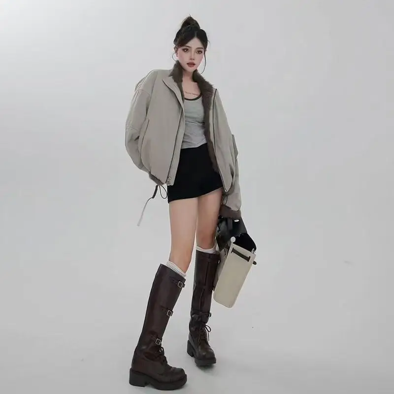 2026 New High-end Stand-up Collar Short Tooling Jacket for Women's Winter Fluffy Liner Imitation Fur Pie Overcome Cotton Clothes