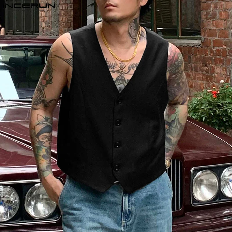 INCERUN Men Vests Solid Color V Neck Sleeveless Button Casual Male Waistcoats Streetwear 2024 Fashion Leisure Vests Men S-5XL