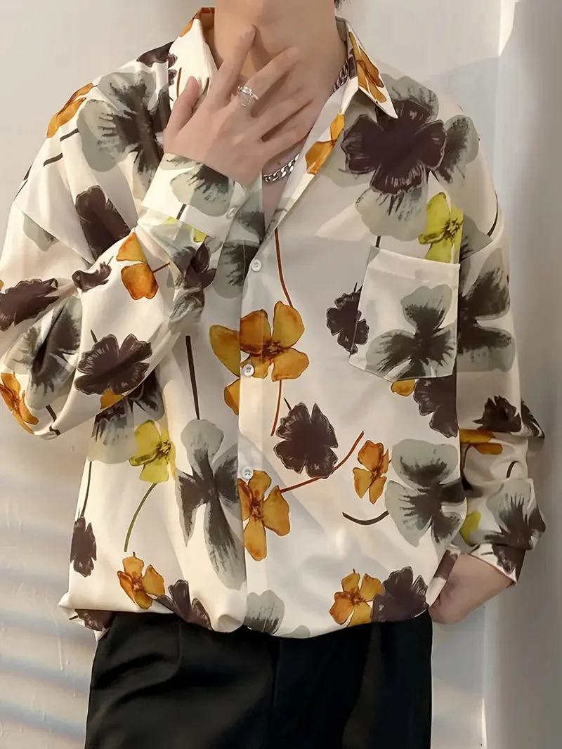 Fashionable 3D printed men's polka dot long sleeved slim fit shirt with lapel buttons and comfortable casual top
