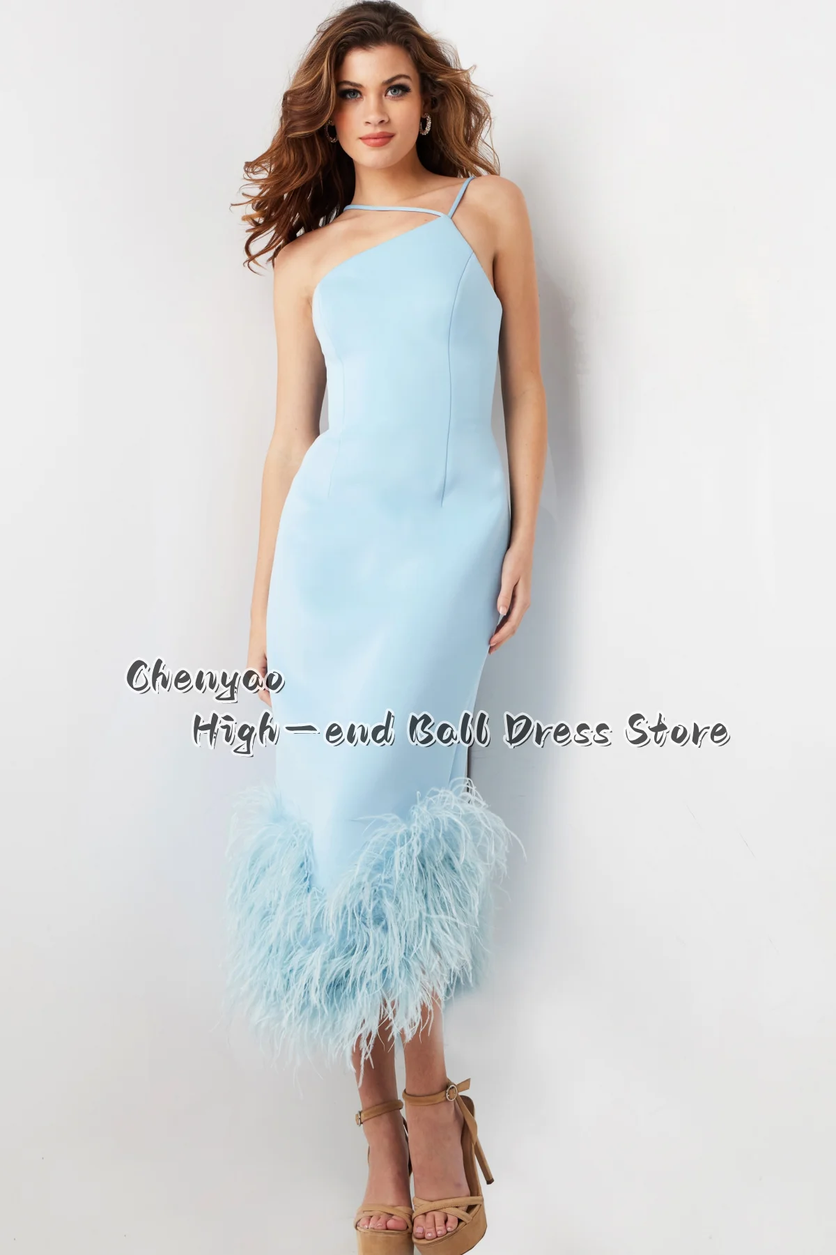 Luxury Feather Hem Decoration Asymmetrical Prom Dress Feather Hem Bodycon Sheath Formal Evening Gown Customized vestido de festa