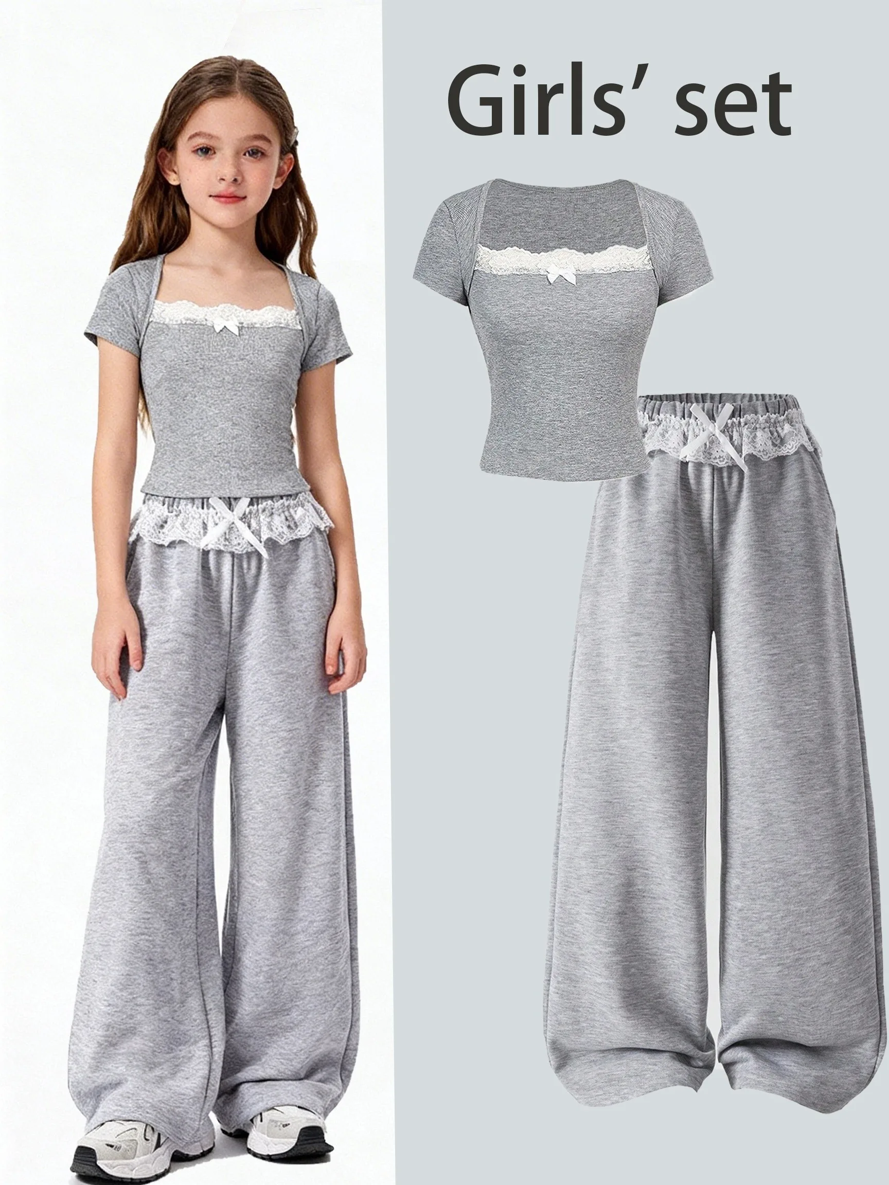Weiches zweiteiliges Loungewear-Set für Kinder und Mädchen, geripptes Kurzarm-Oberteil mit quadratischem Ausschnitt und Spitze, Schleifendekoration und atmungsaktive Spitzen-Shorts mit elastischem Bund – Detail 1