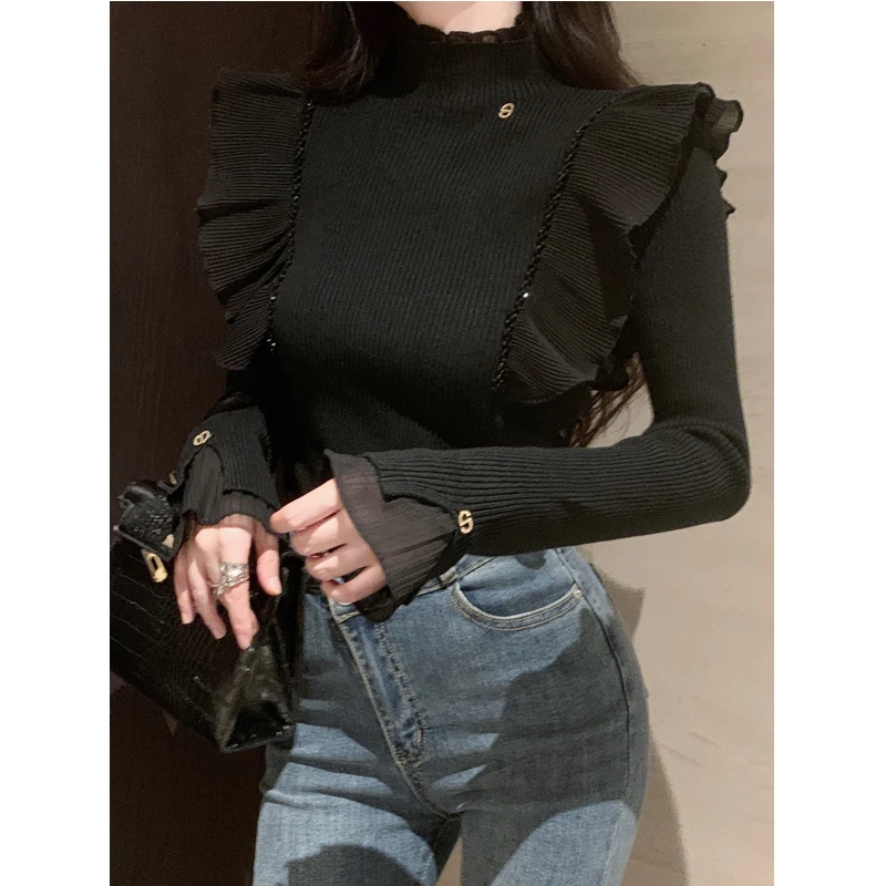 KUSAHIKI Ruffle Edge Patchwork High Necked Knitted Sweater for Women\'s Long Sleeved Shirt Korean Bottom Autumn Winter Short Top