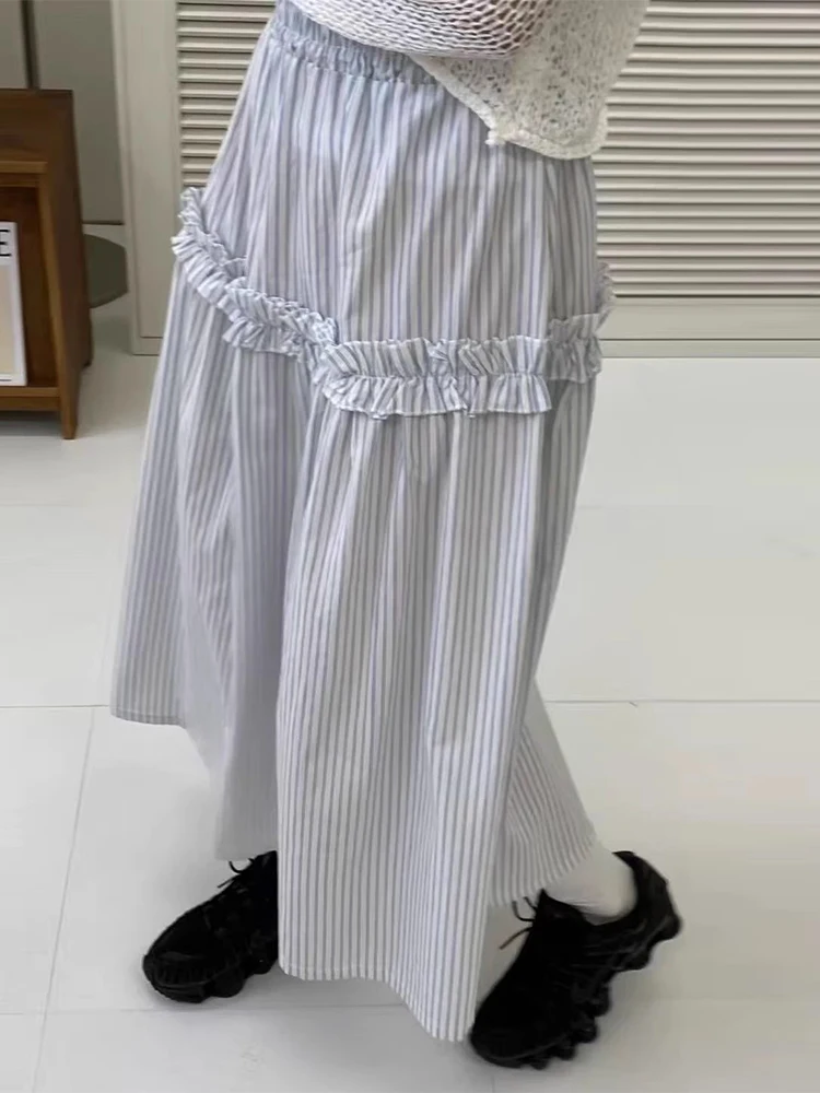

Fre Floral Lace Stripe High Waist A-Line Midi Skirt Women's Summer New Sle Retro Elastic Waist f-length Skirts