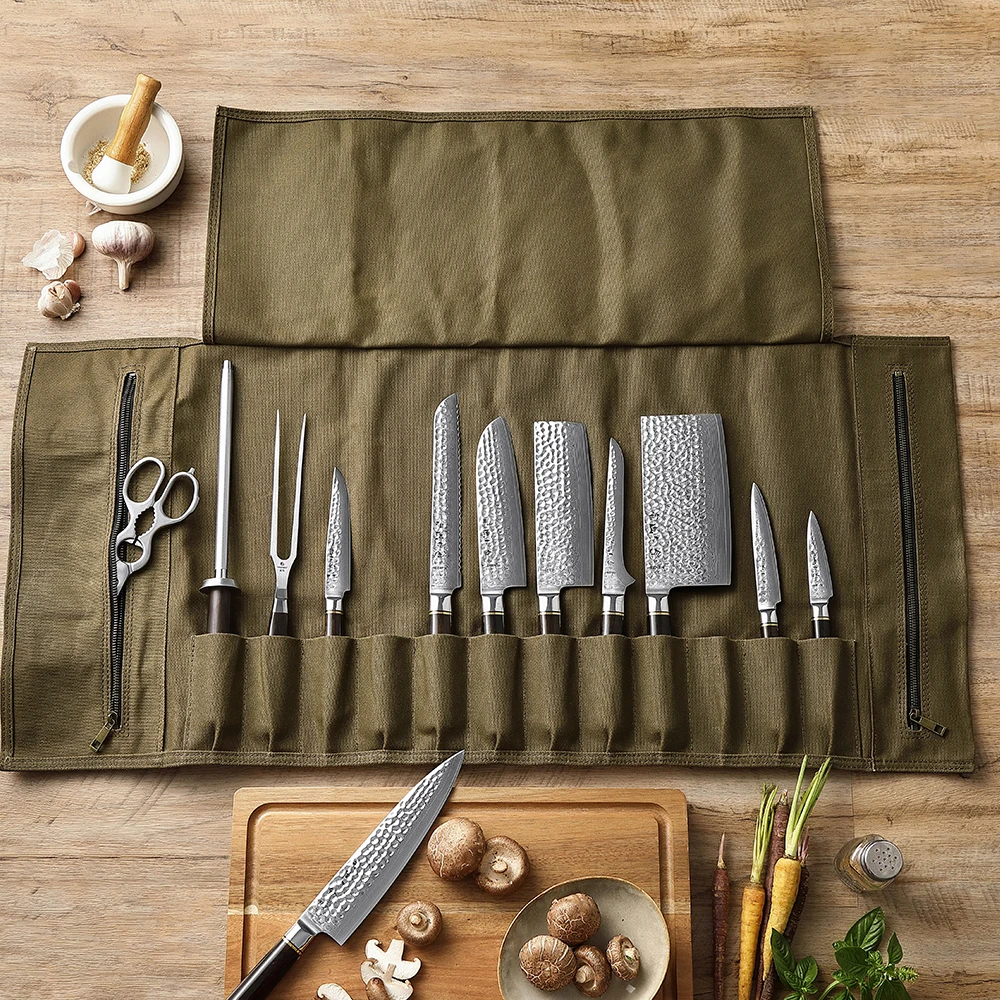 Borsa portaoggetti per coltelli HEZHEN coltello organizzare tela cerata olio Crazy Horse Lather accessori da cucina coltello Chef Knife Roll Bag