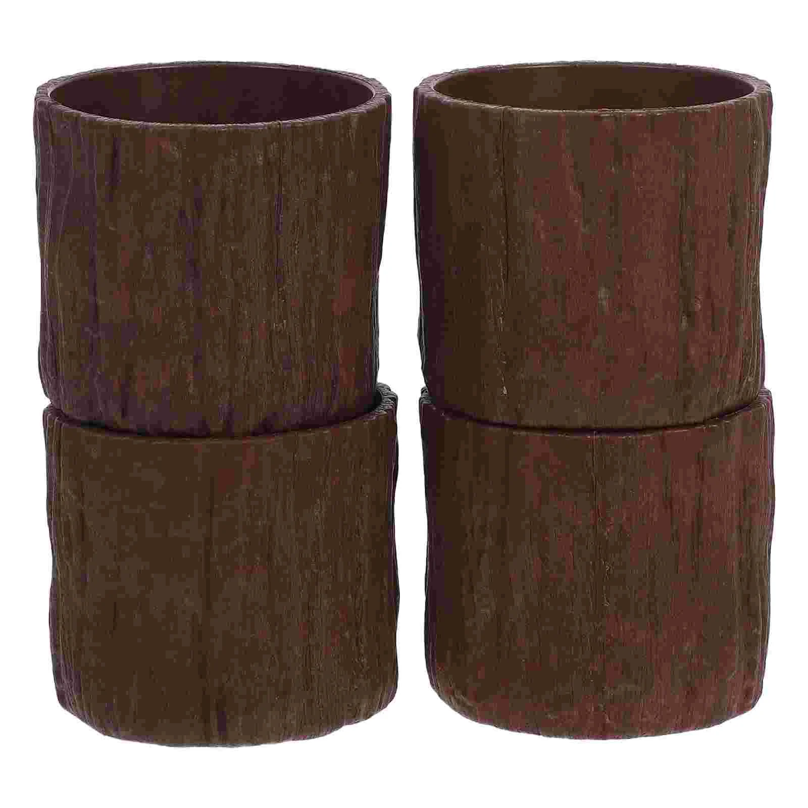 4 Mini Faux Wood Grain Plastic Flower Pots Ideal for Small Plants Succulents Balcony Indoor Decor Compact Rustic Bark