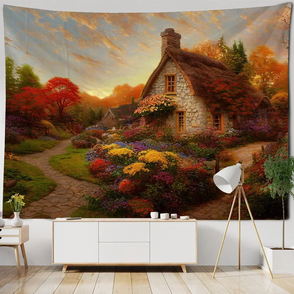 Landscape oil painting tapestry sea forest waterfall hanging cloth dormitory bedside background living room wall art decoration