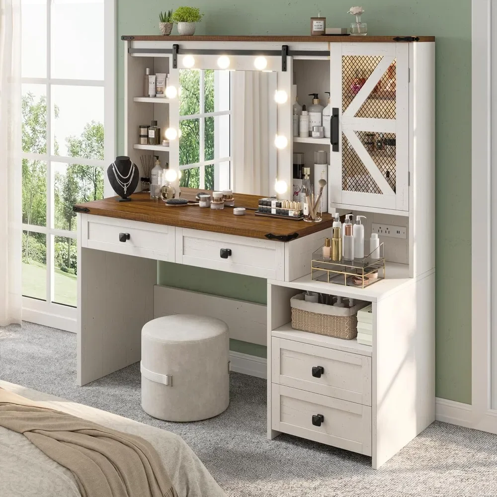 

47.2" W Farmhouse Vanity Desk with Mirror and Lights, Makeup Vanity with Charging Station & 4 Drawers,Makeup Vanity Table