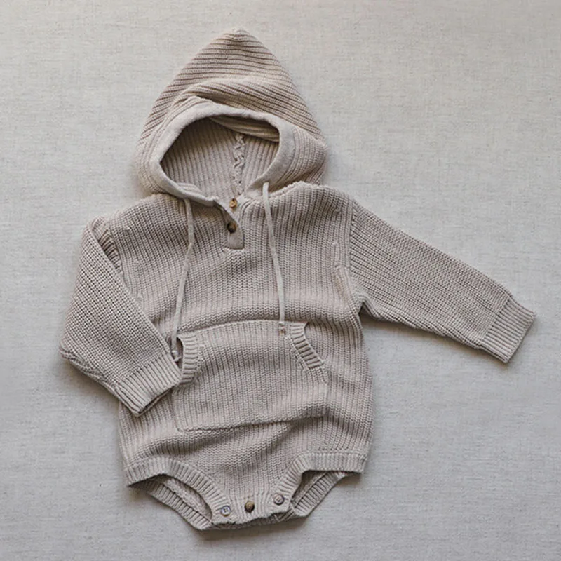 Autumn Spring Korean Style Knitting Climbing Suit Long Sleeved Solid Color Hooded Knitting Toddler Baby Boys Girl Romper