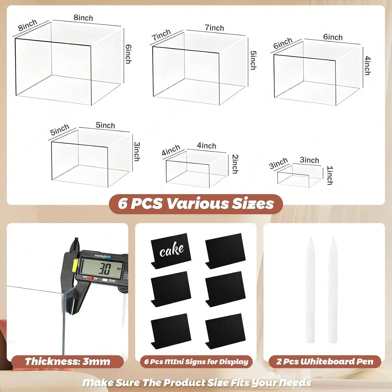 6Pcs Buffet Risers With Mini Sign And Maker, Clear Food Display Risers For Party, Acrylic Risers Display Stand For Buffet Table, Catering Displays For Dessert, Acrylic Boxes With Hollow Bottoms(8