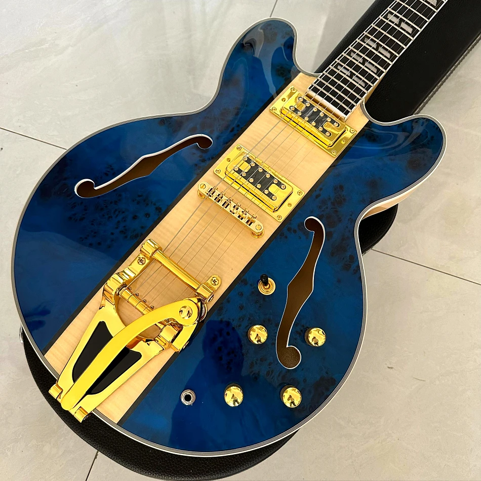 High quality electric guitar, 335 semi hollow, F-hole guitar, blue Double Convex Surface, free shipping