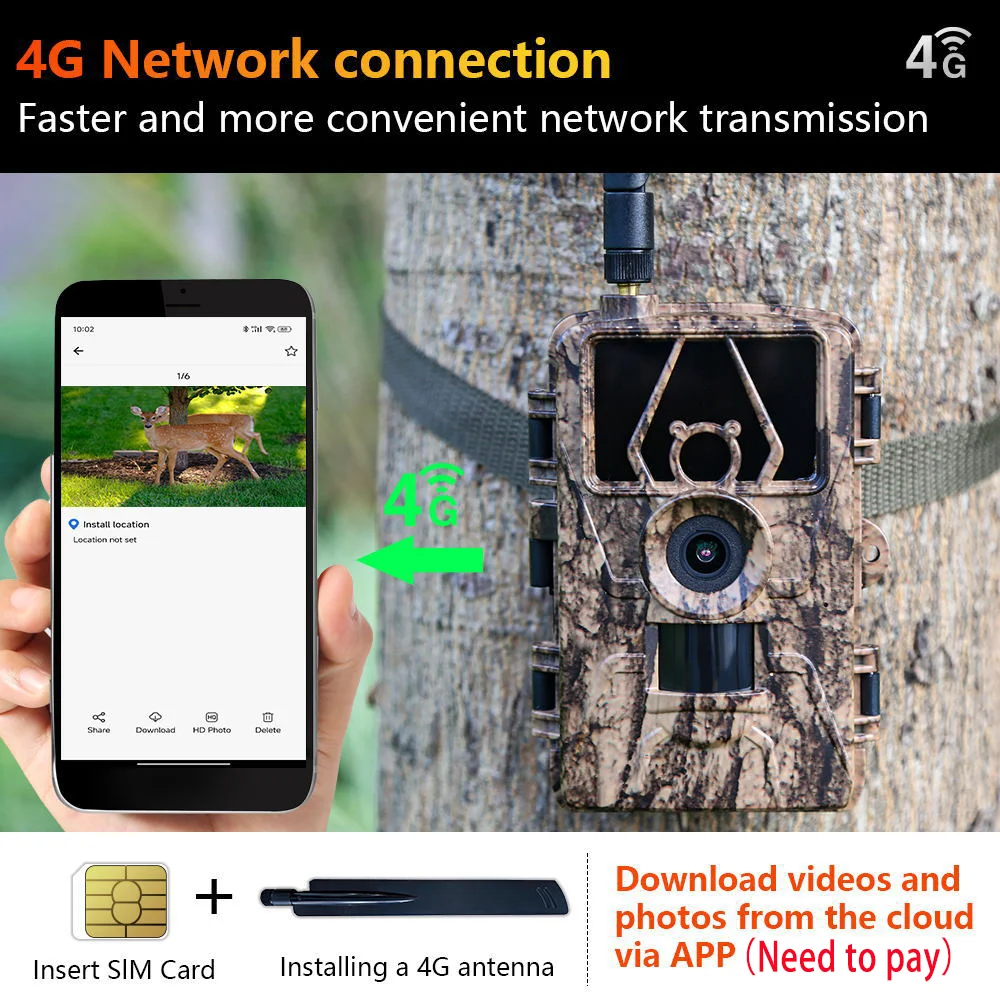 4G LTE Hunting Trail Camera 60MP 8K APP Control Night Vision Photo Trap Support SIM Card Cellular Mobile Wireless Wildlife Cam