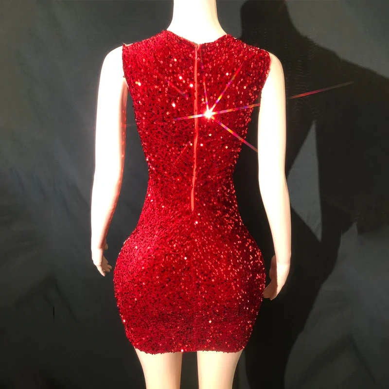 Mode Rot Strass Kleid Frauen Perspektive Pailletten Abendkleid Geburtstag Feiern Kostüm Bühne Abend Outfit XS6585