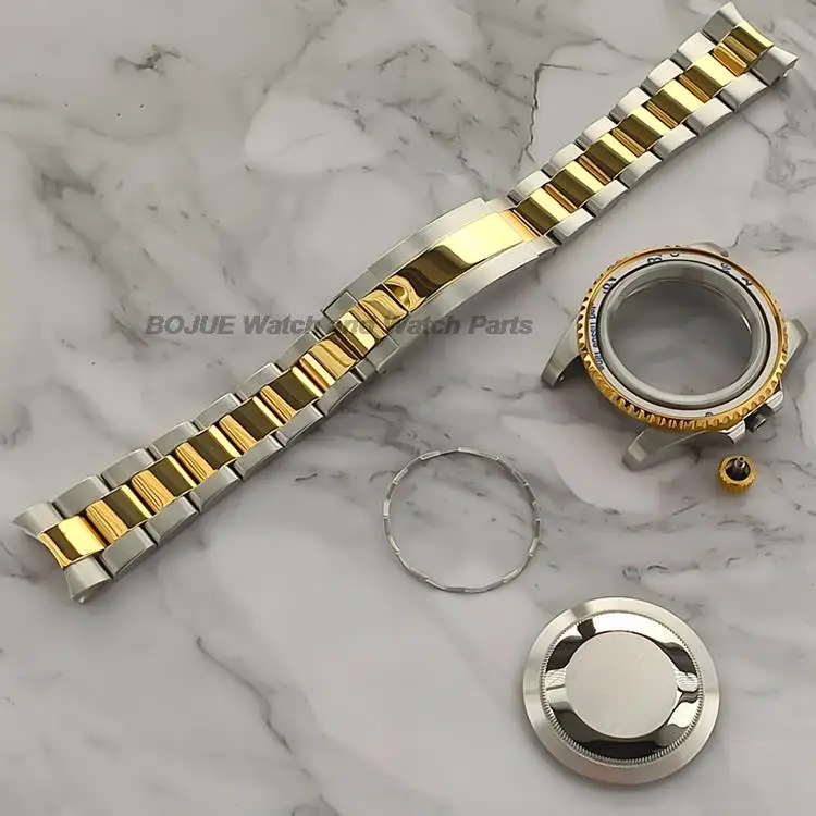 40mm Two Tone PVD Gold Watch Case Set Stainless Steel Band Strap Sapphire Glass Watch MOD Parts for SUB NH35/ NH36 Movement