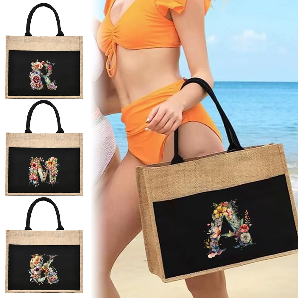 

Сумка для покупок из хлопка и льна, многоразовая женская сумка для хранения большой емкости, портативная сумка-органайзер, серия с цветочным узором и буквами