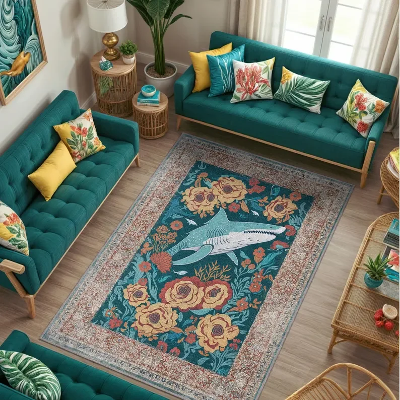 Alfombra de tiburón con flores, alfombra rústica de estilo persa, decoración de tiburón, alfombra moderna para sala de estar, alfombra náutica, alfombra de algodón, alfombra única para dormitorio