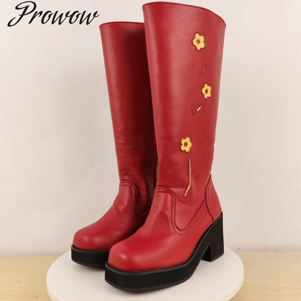 

Красные модные сапоги до колена на высоком каблуке с круглой головкой и платформой, женская обувь Zapatos Mujer