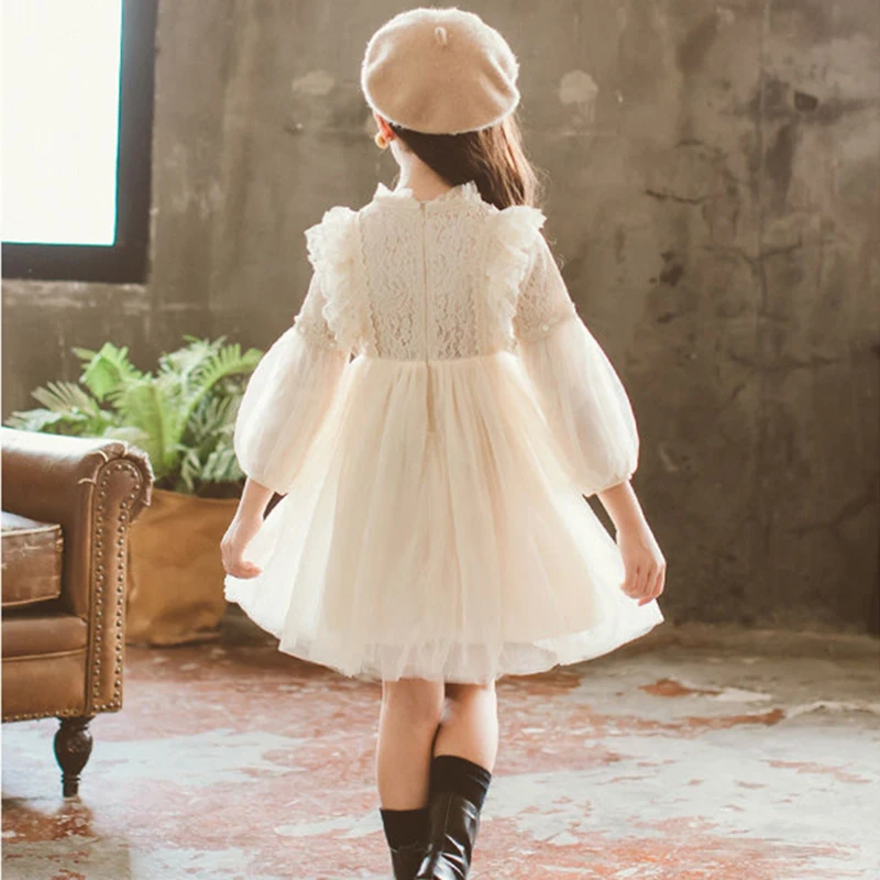 Spring Autumn Girls Dress Lantern Sleeve Lace Mesh Pearl Sweet Fashion Little Princess Dress 3-12 Years Christmas Kids Clothes