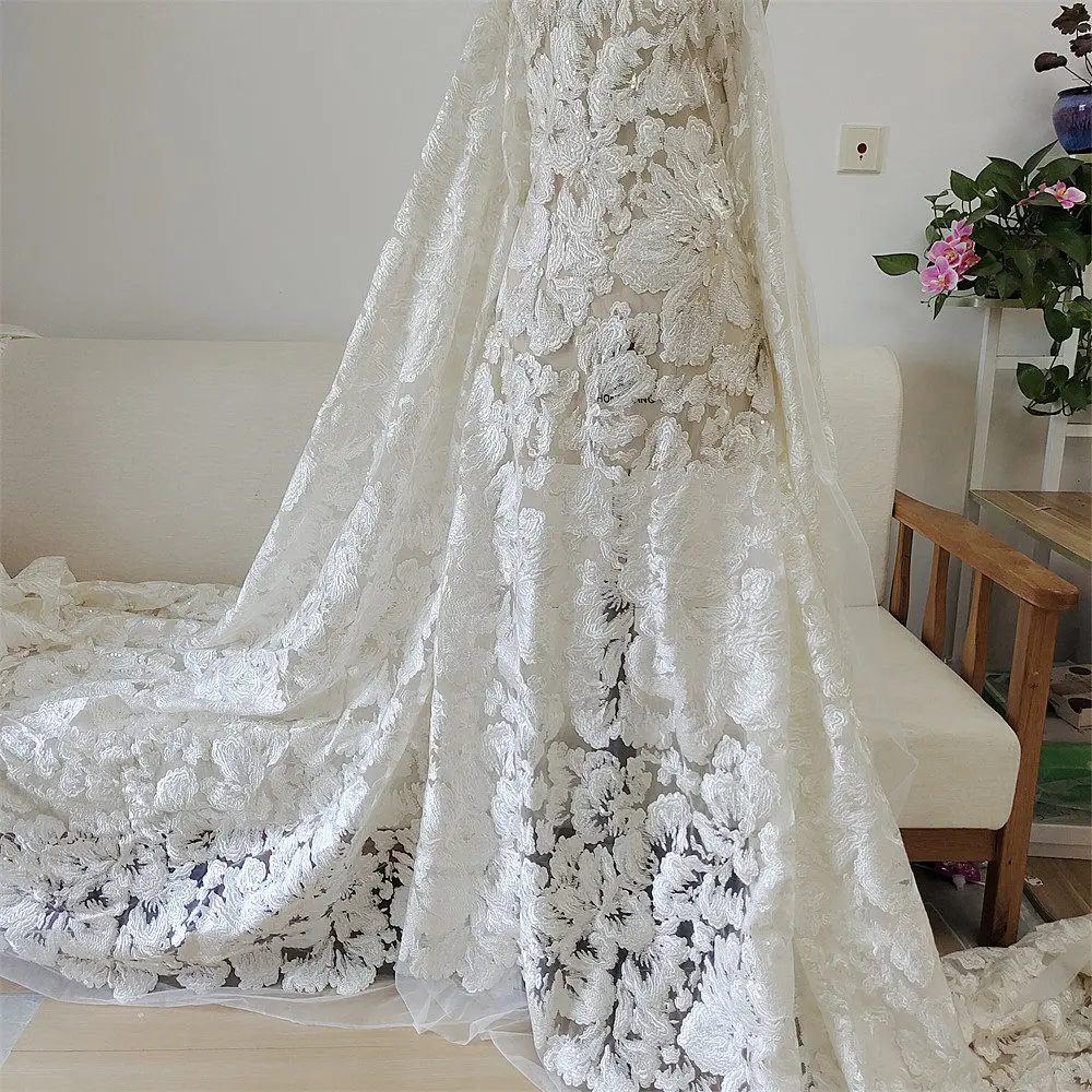 130CM Wide Mesh Floral Embroidered Fabric Heavy Quality Allover Florals Cord Lace Material for Wedding Dress By Yard