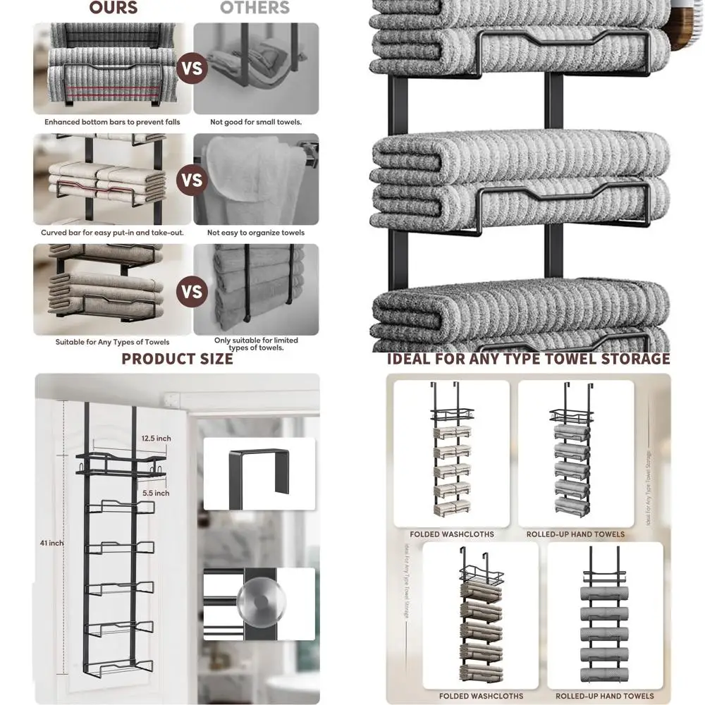 

Компактный 6-уровневый дверной органайзер для полотенец для компактных ванных комнат и автофургонов — черный