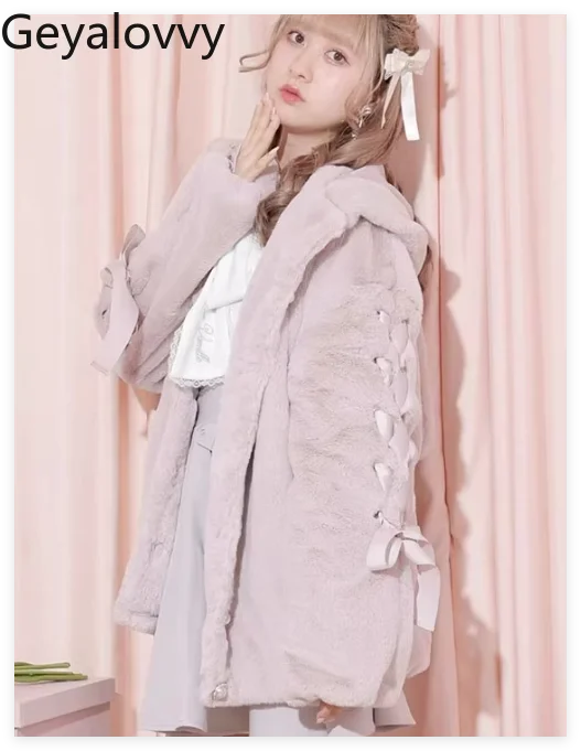 

Japanese Style 2026 Autumn Winter New Sweet Cute Thickening Cotton Coats Mine Series Mass-Produced Rabbit Ears Plush Fur Coat