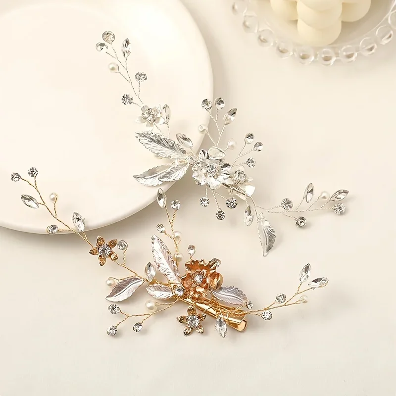 Trendy Gold Silver Color Flower Leaf Crystal Hairpin Headband Tiara Bridal Wedding Hair Accessories Headpiece Jewelry Ornaments image 3
