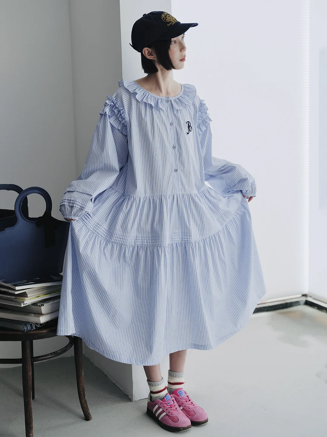 IMAKOKONI original design blue striped button lace patchwork long sleeved autumn dress for women  244741