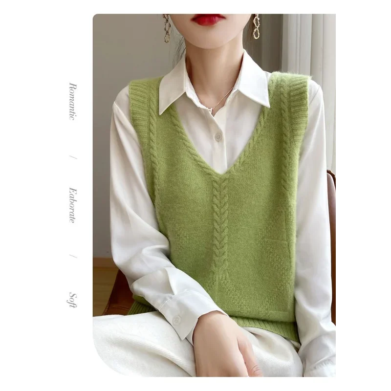 เสื้อกั๊กแขนกุดผู้หญิงแบบใหม่ คอวี แฟชั่น สีพื้น เรียบง่าย สวมใส่สบาย ทรงหลวม