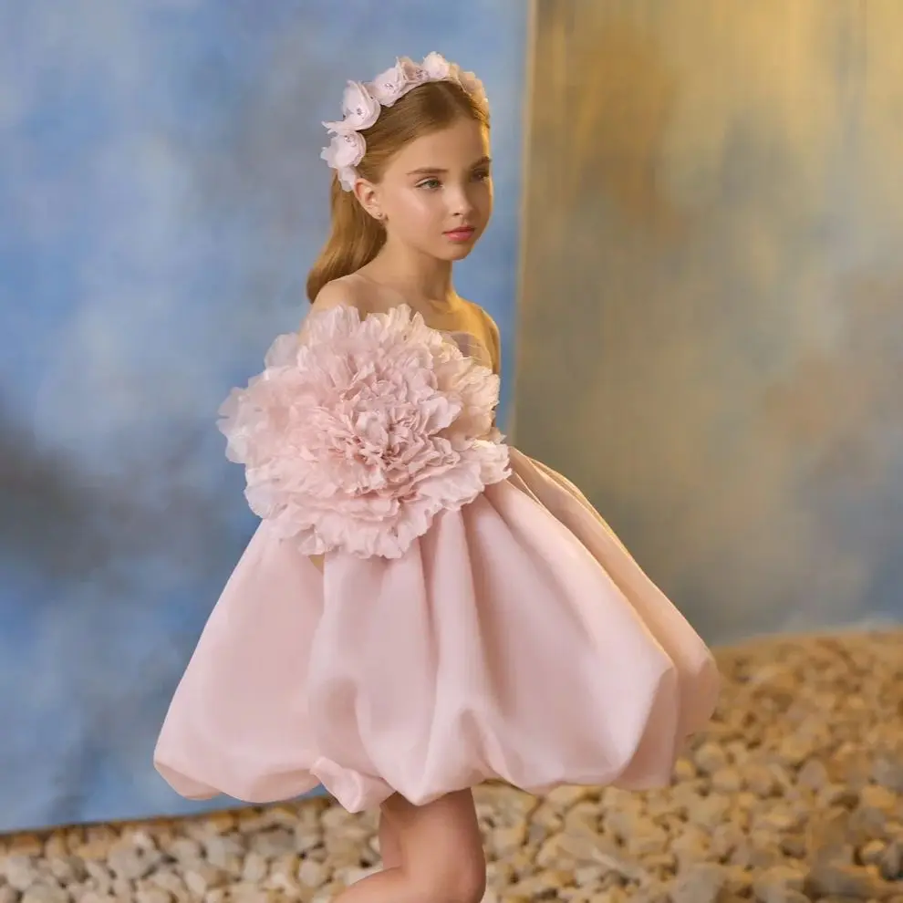 

Pink Short Flower Girl Dresses Big Floral Toddler Girl's Birthday Party Gowns Customized Kids Baby First Communion Dresses