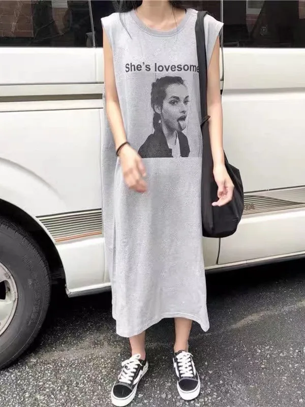 Korean version tank top dress for women's summer new loose casual straight sleeveless printed long skirt lazy style T-shirt UO58